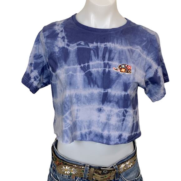 Tie Dye Crop Top Tee T-shirt Blue SMALL Hedgehog Upcycled One of Kind Unique - Picture 1 of 8